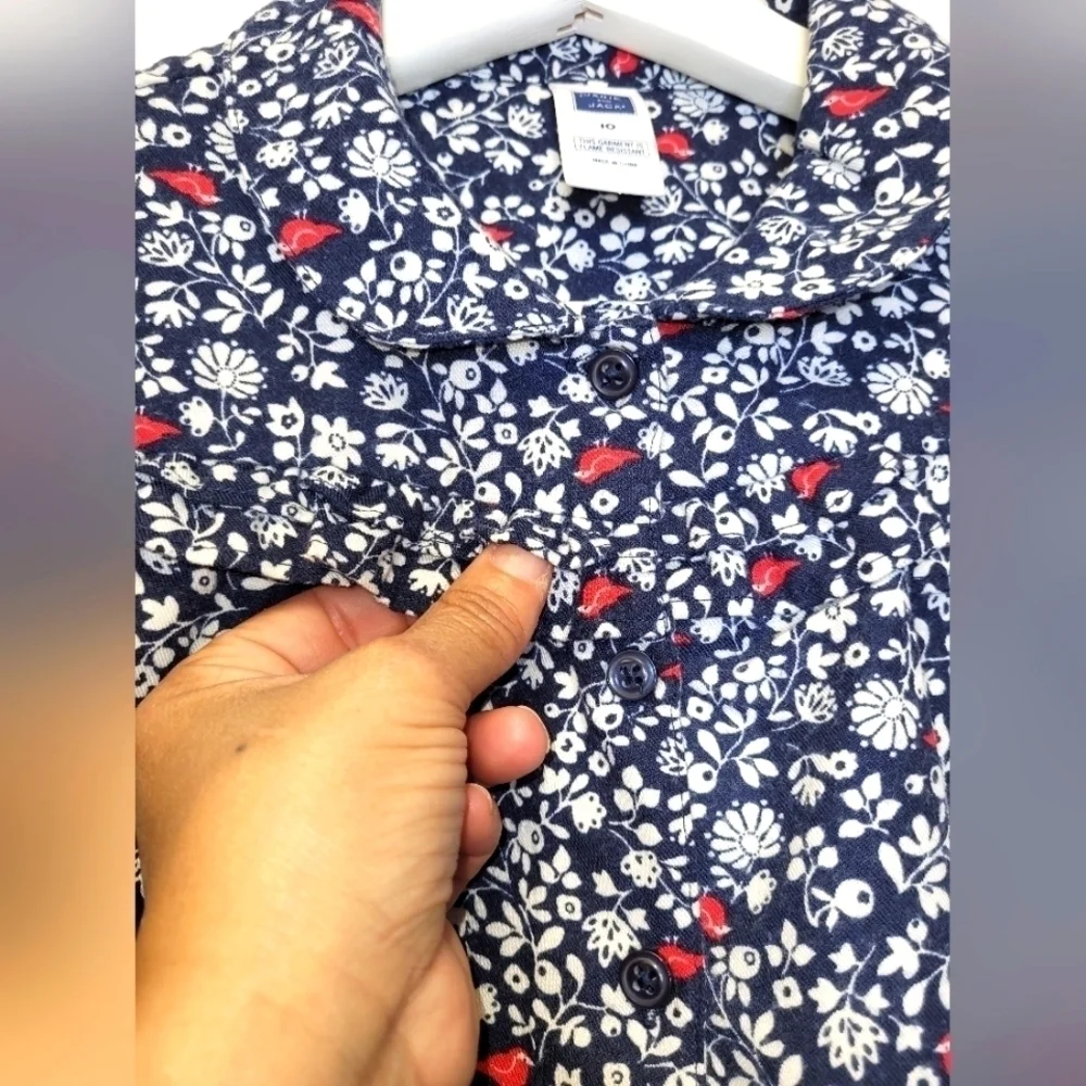 Janie and Jack Red Birds Floral Flannel Navy Blue Winter Pajama Shirt Size 10